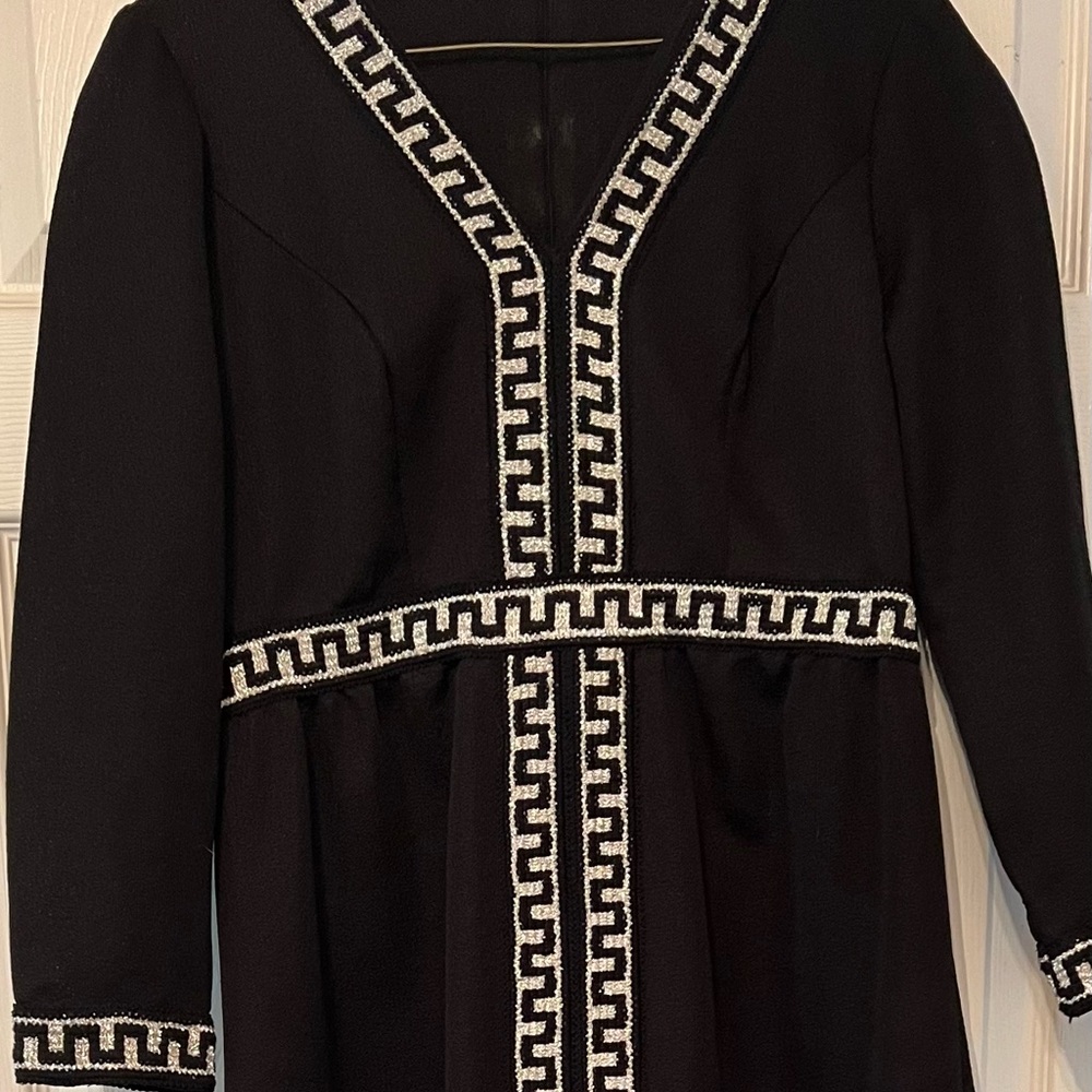 Vintage black/silver polyester 60-70’s  cocktail dress, 6” slit up in front.